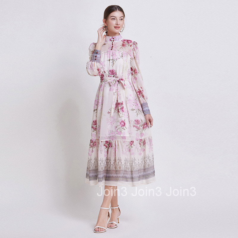 6602 Spring/Summer New Womens Fashion Style Printed Long Sleeve Chiffon Dress with Waist cinching and slimming Long Skirt