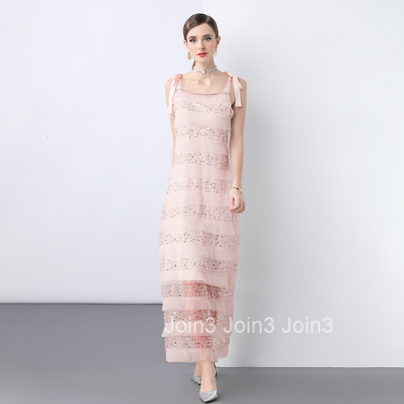 7183 French Style Mesh Cut Ruffle Beaded Sequin Tassel Strap Bowknot Dress Summer