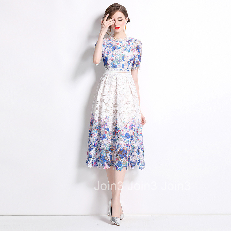 541 Summer New Womens Dress with Fashionable and Skinny Look Hollow out Water soluble Lace Printed Medium to Long Length Dress