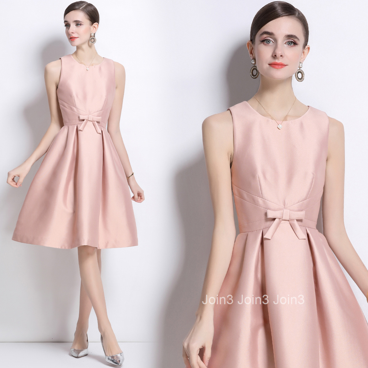 6884 Bowknot Satin Dress French Style Elegant Slim Mid-Length Dress