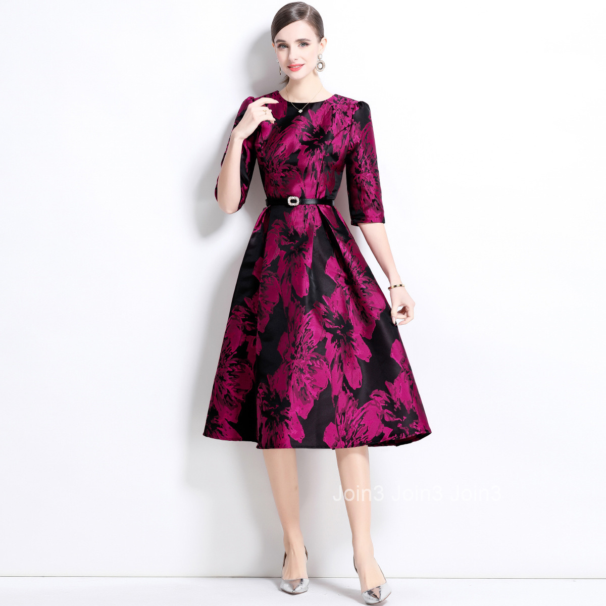 5856 Spring/Summer New Womens Clothing Style Jacquard Round Neck Short Sleeve Slimming and Slimming Medium Length Dress