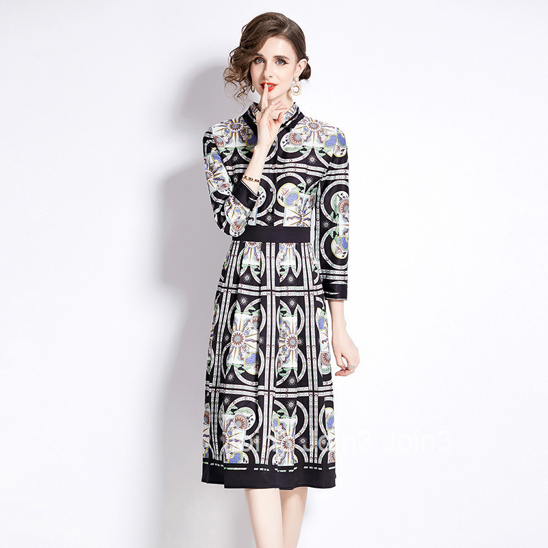 6082 Autumn New Womens Fashion Versatile Waist slimming Printed Dress
