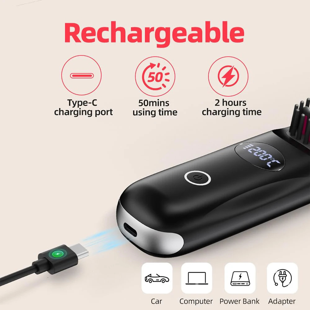 Electric LCD Usb Ceramic Heating Straight Hair Comb Wireless Portable Negative Ion Styling Tool Rechargeable Straightening Brush 250717