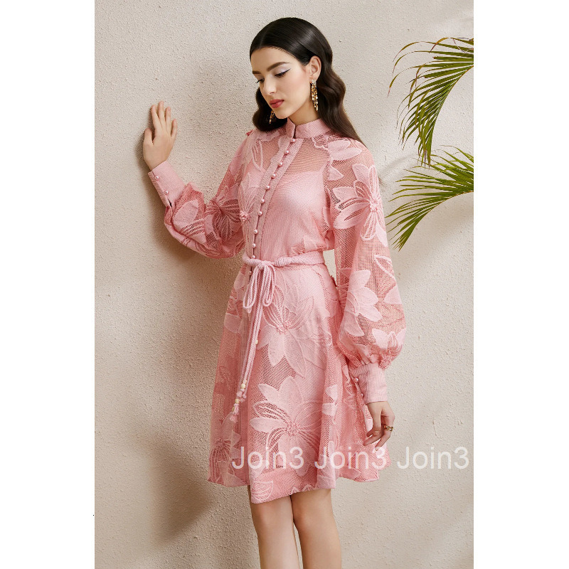 8872 Early Autumn Elegance Style Stand Collar Lantern Sleeve Gathered Wide Hem Three-Dimensional Lace Dress
