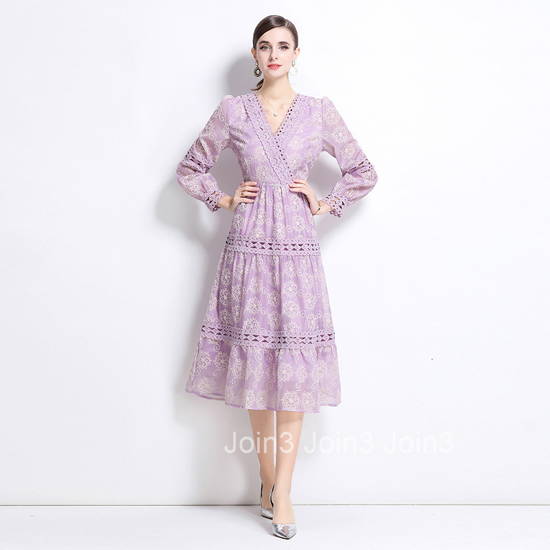 6970 Spring New Heavy Embroidery Hollow Out Button Slim Fit Mid-Length Lantern Sleeve Gown Elegance Style Dress