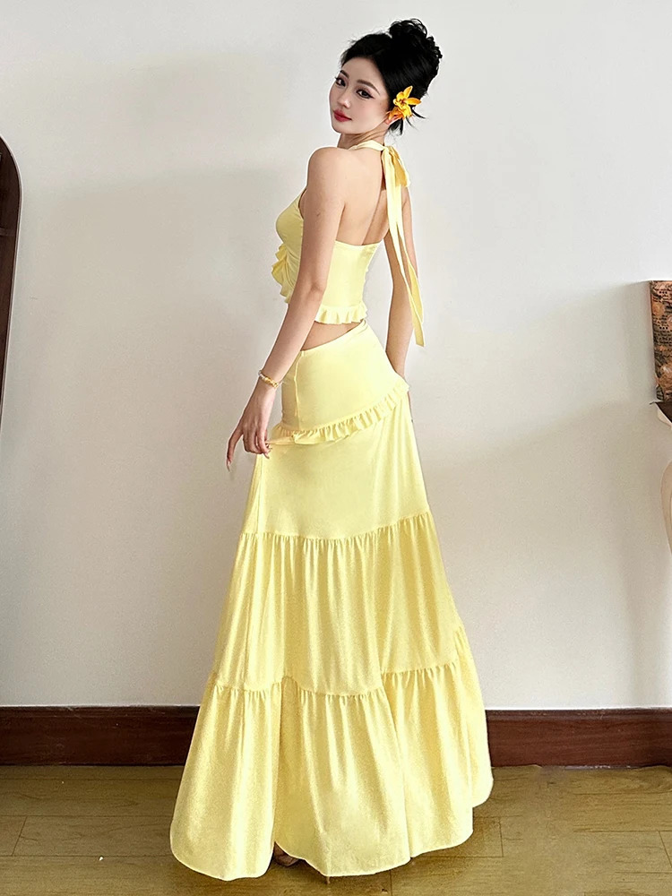 Cute Pleated Matching Women 2 Piece Solid Sexy Ruffle Halter V-neck Crop TanksCross High Waist Skirts Female Vacation SETS 250714
