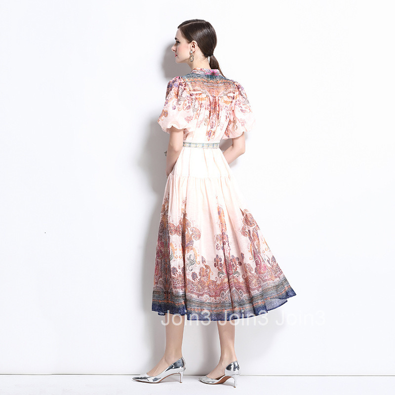 1235 spring/summer new style lapel slim fit bubble sleeve printed two-piece dress