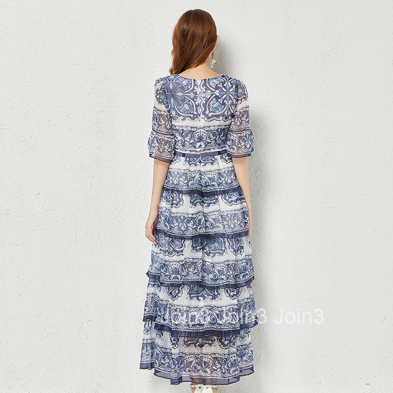502 Summer New Womens Blue and White Porcelain Print Flared Sleeve 5-Layer Cake Dress Large Hem Long Dress