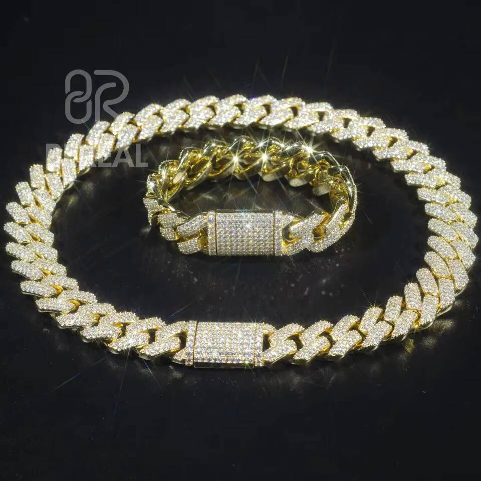 18MM Cuban Link Chain Moissanite Hot Selling Round Brilliant Cut 10k 14k Solid Gold Iced Out Cuban Link Chain