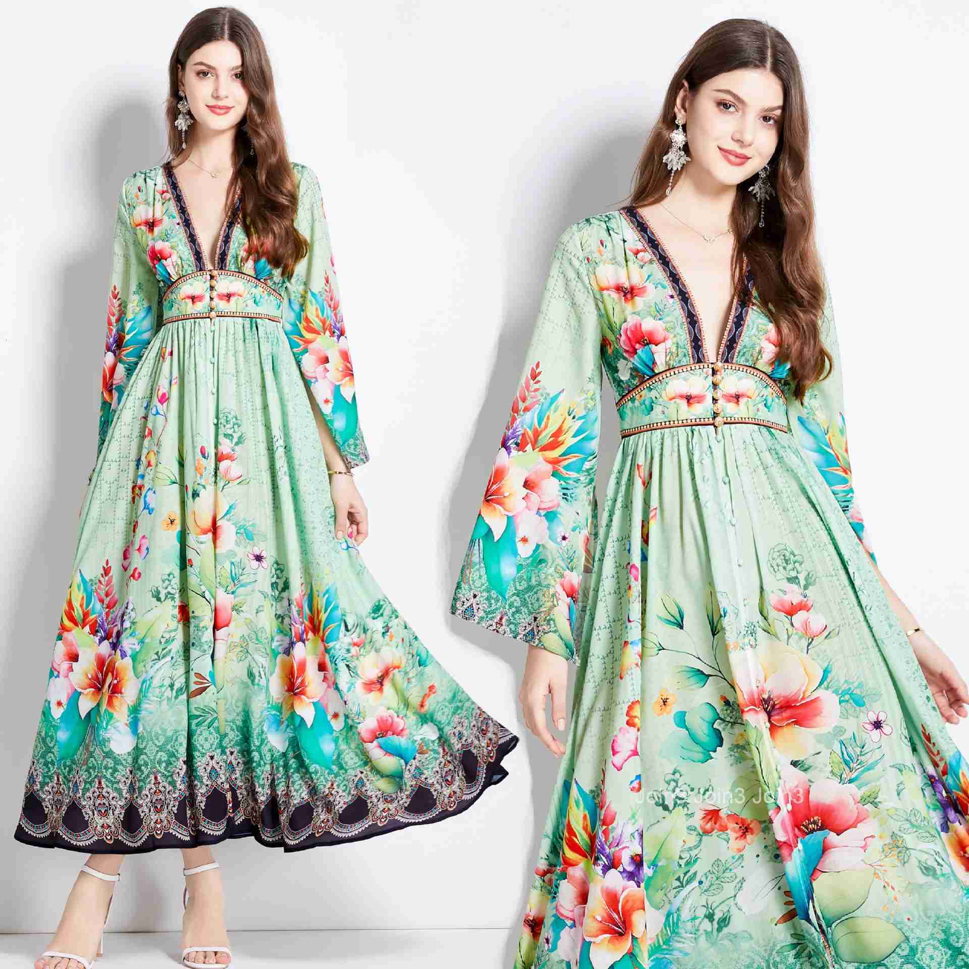 2537 Spring and Autumn New Womens Vacation Style Printed Elegant V-neck Long Sleeve Waist-cinching Flared Dress