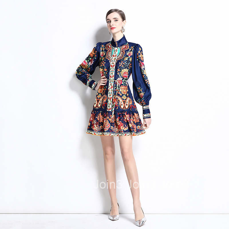 1234 Spring New Printed Lantern Sleeve Ruffle Edge Dress