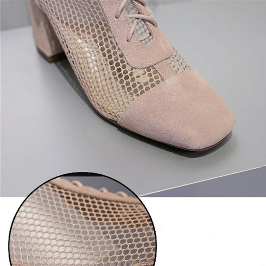 Summer Roman Lace Up Shoes Women Sandals Sexy Mesh Cut-Outs Pointed Toe High Heels Woman Black Kid Suede Ladies Long Short Boots 250714