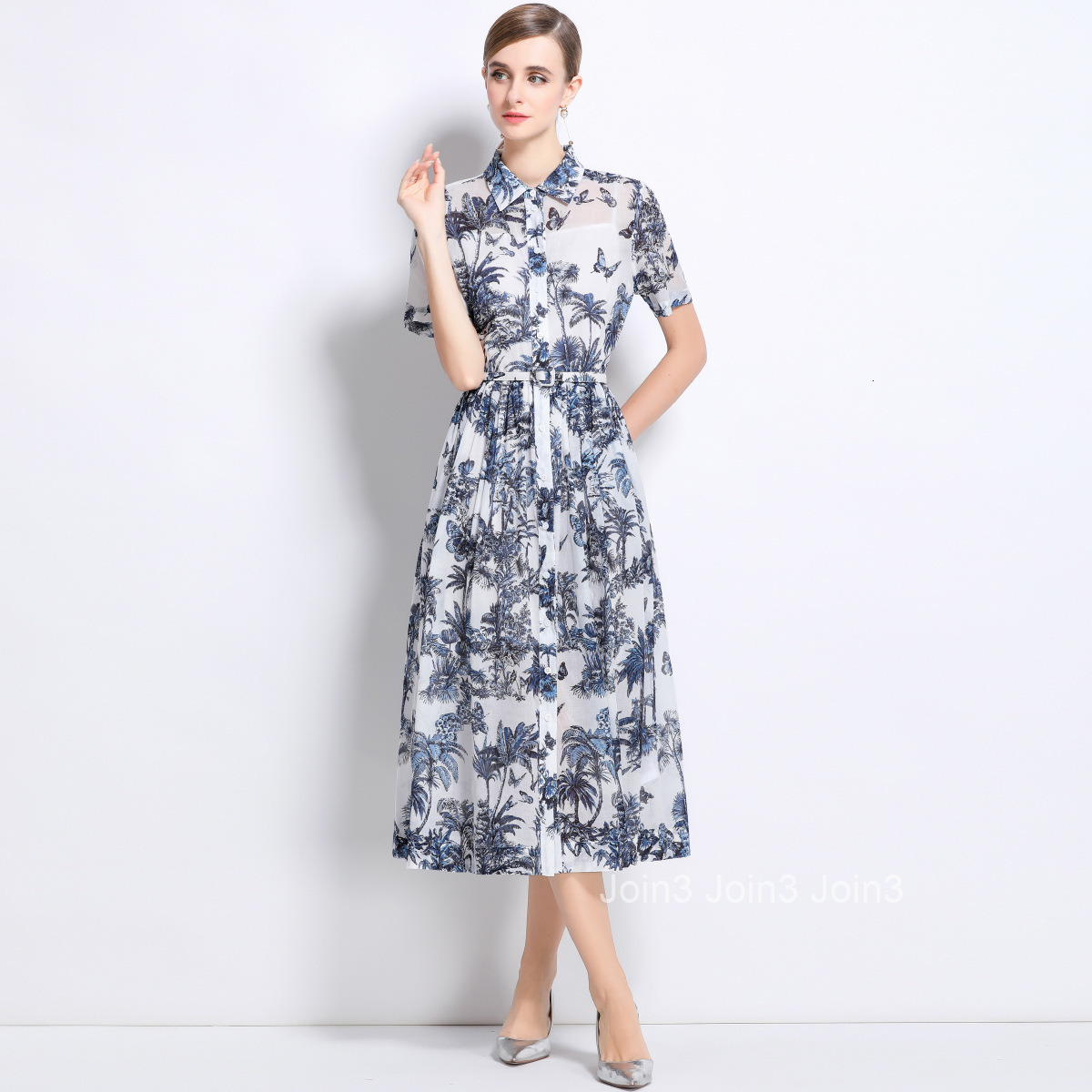 5885 Slim Fit Simple Turn-Down Collar Printed Short Sleeve Flared Womens Shirt Long Dress