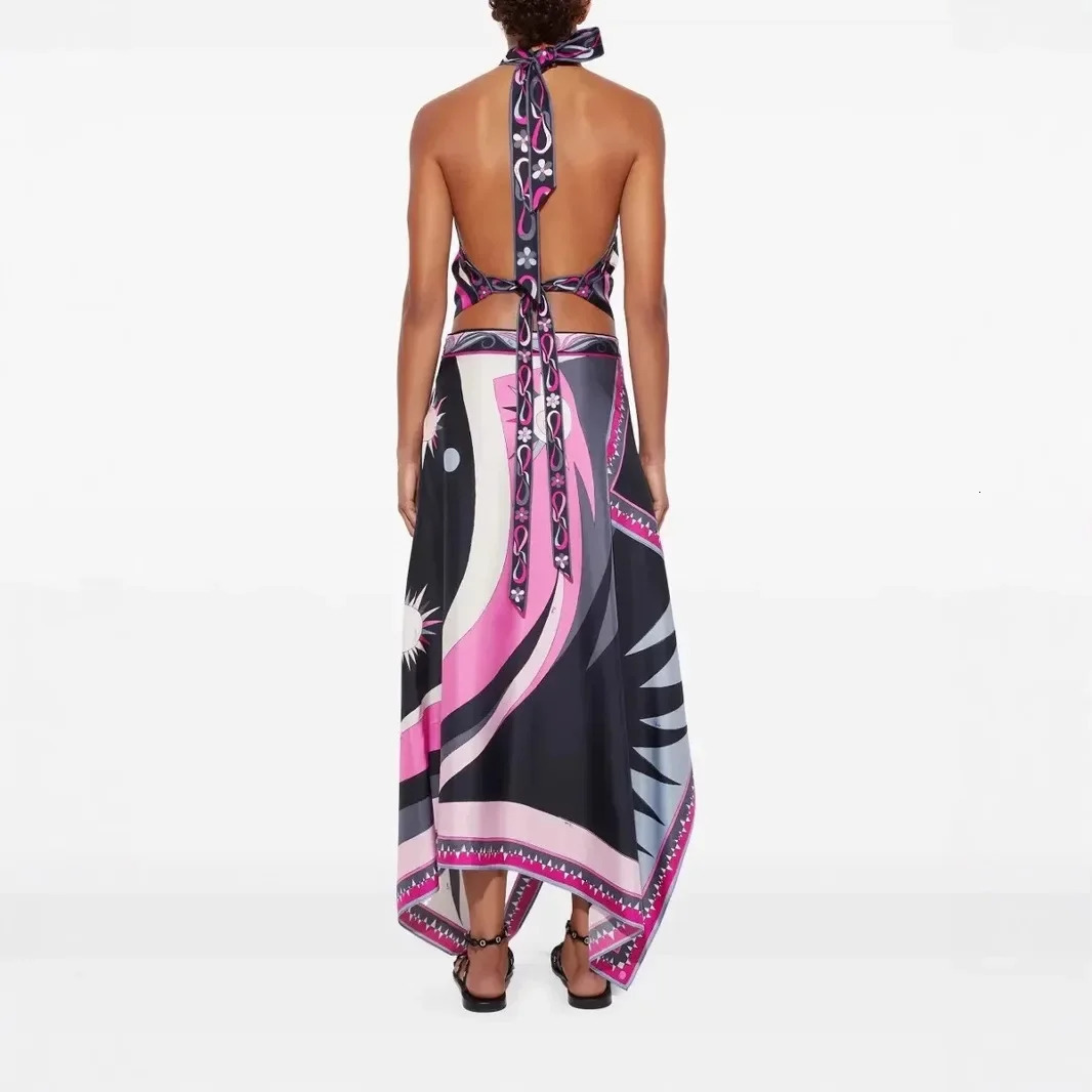 Printed Satin Halter Backless Top and Asymmetrical Mini Skirt TwoPiece Set for Women Elegant Fashionable Ensemble 250717