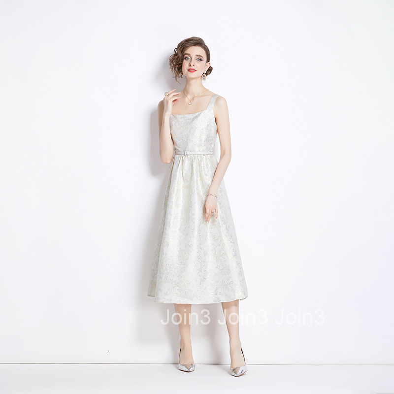 6899 Summer New Womens Jacquard Waist-Cinching Strap Puff Dress Elegant Gown Dress