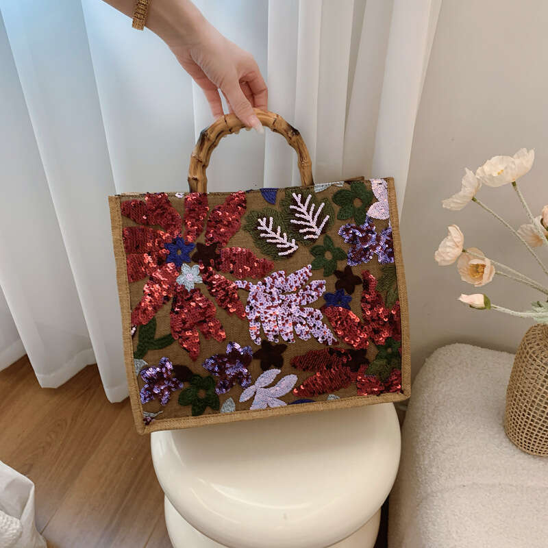 New Fashion Sequin Horizontal Tote Linen Women's Large Capacity Embroidered Bamboo Handle Bag