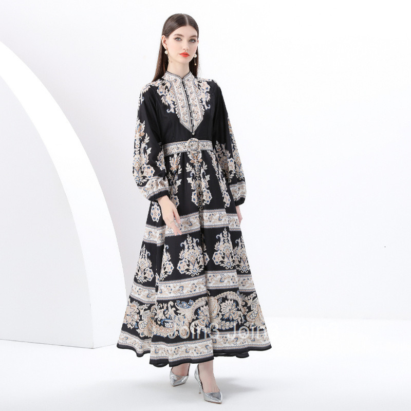 6169 Spring and Autumn New Womens Clothing Style Vacation Elegance Style Standing Collar Printed Large Swing Long Dress