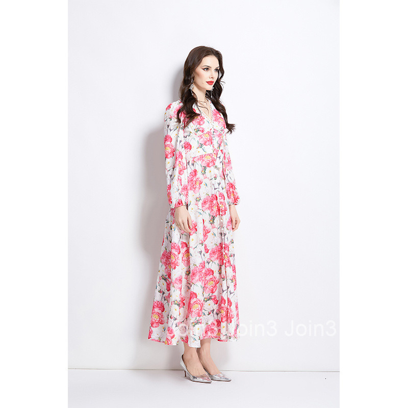 2708 Spring and Summer New Watercolor Floral Long Sleeve Long Dress