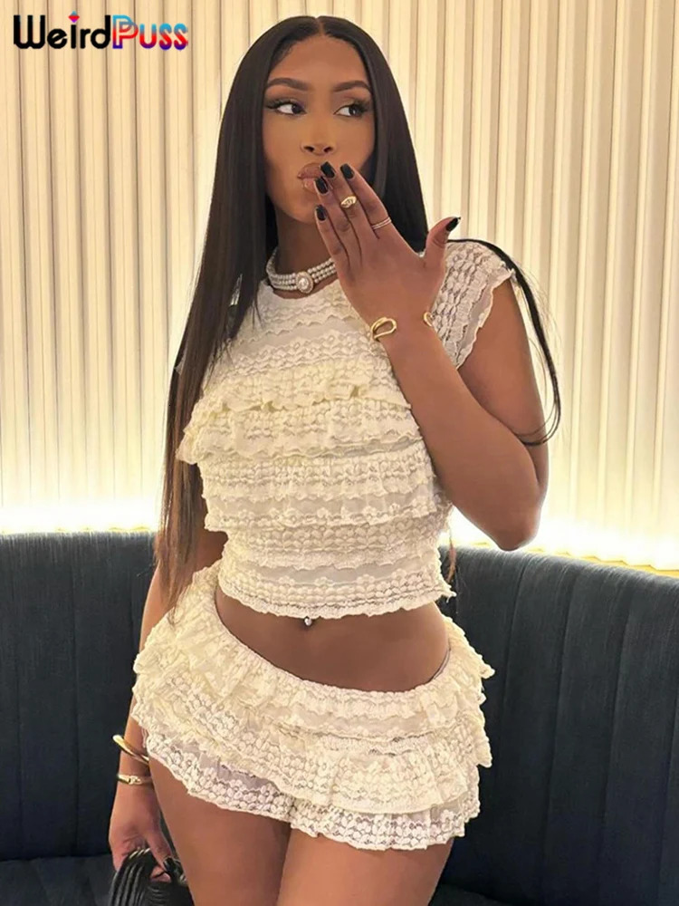 Weird Puss Sexy Tierred Women 2Piece Set Summer Elegant Thin Ruffles Tnak TopShorts Skirts Midnight Concert Party Matching Suit 250717