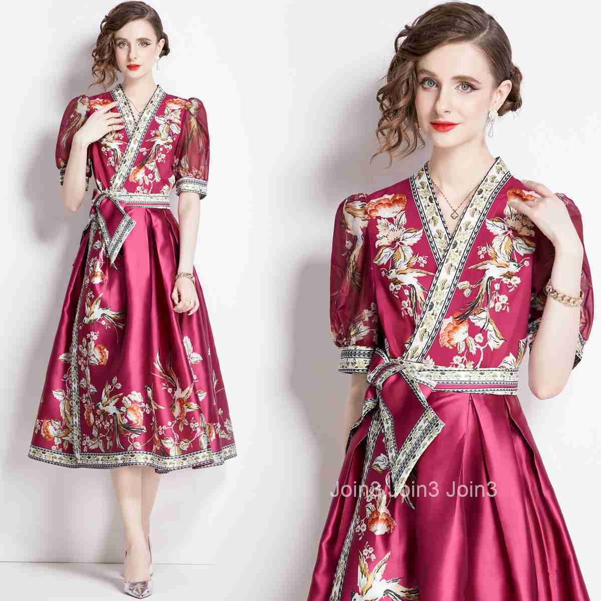 1651 Summer New Womens Elegance Style Printed Dress Waist up Dress V-neck Large Swing Long Dress