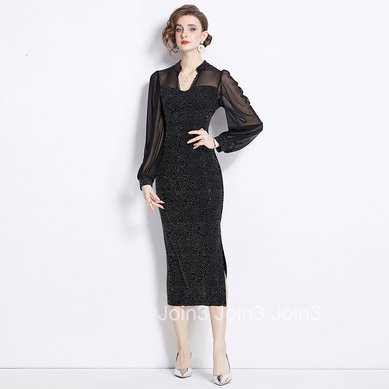 8723 Spring and Autumn New Womens Fashionable Rhinestone Patchwork Mesh Black Long Dress