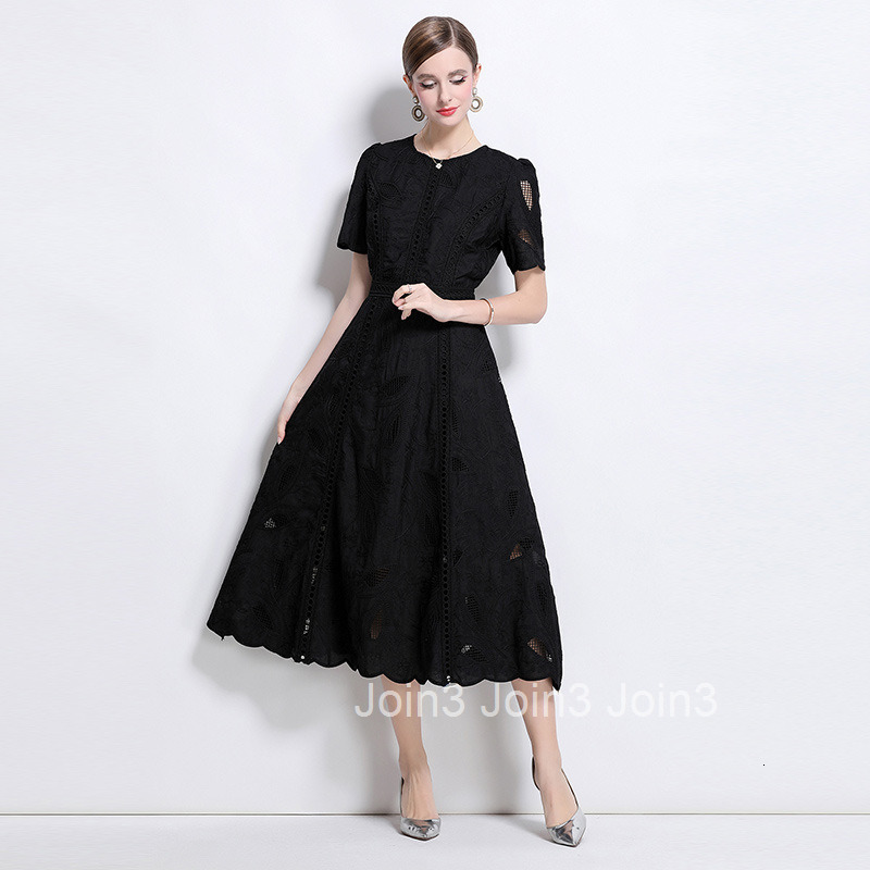 6974 Summer French Heavy Embroidered Hollow Out Round Neck Waist-Cinching Short Sleeve Dress for Women Slimming Long Dress