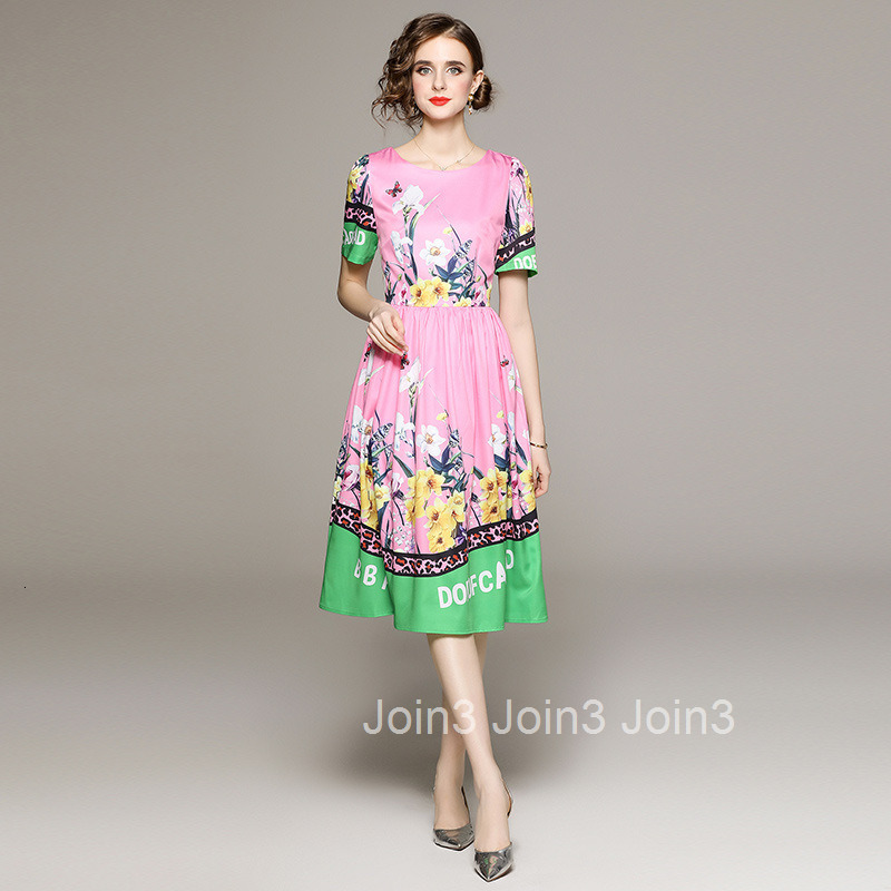 8698 Fashion Pastoral Style Floral Print Short Sleeve Dress with Lining
