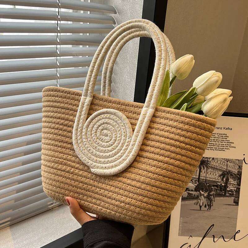 Women's Bags Designer Woven Simple Folded Straw Handbag Diagonal Holiday Cotton Rope Commuting Tote Bag For Women