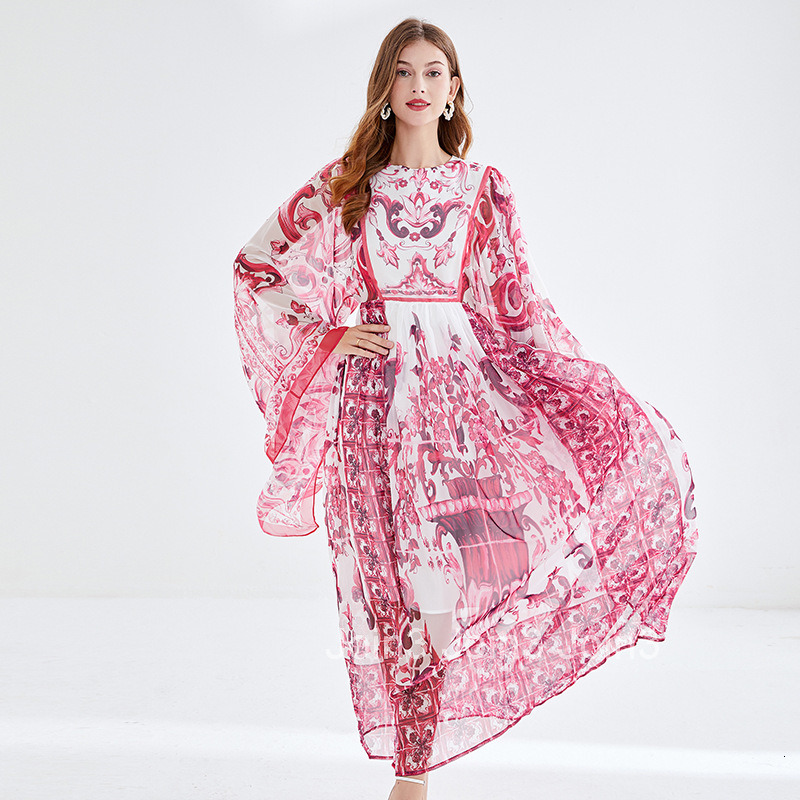 490 Autumn Womens Blue and White Porcelain Print Round Neck Flared Long Sleeve Loose A-line Dress Long Dress