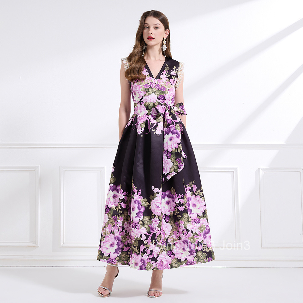 2177 Summer New Womens Vacation Style Printed Beach Waist-Cinching Ruffle Tie Long Dress