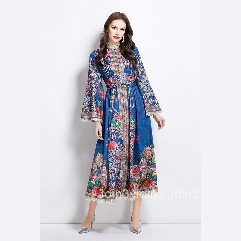 2649 Spring/Summer New Ethnic Style Pattern Stand up Collar Lace Splicing Long Dress