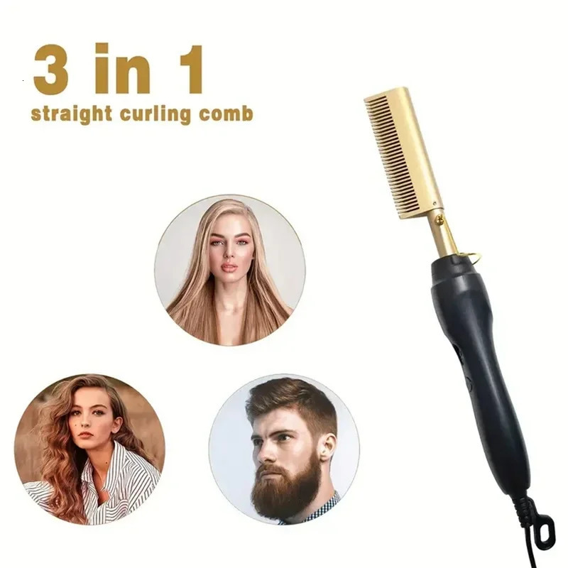 3 IN 1 Comb Electric Hair Straightener Comb Copper Metal Hair Comb Home Beauty Salon DIY Fast Heating Curling Iron Copper 250717
