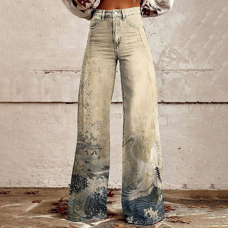 Xiyin Shopee 2024 New 3D Heat Transfer Flared Faux Denim Long Pants Loose Trousers