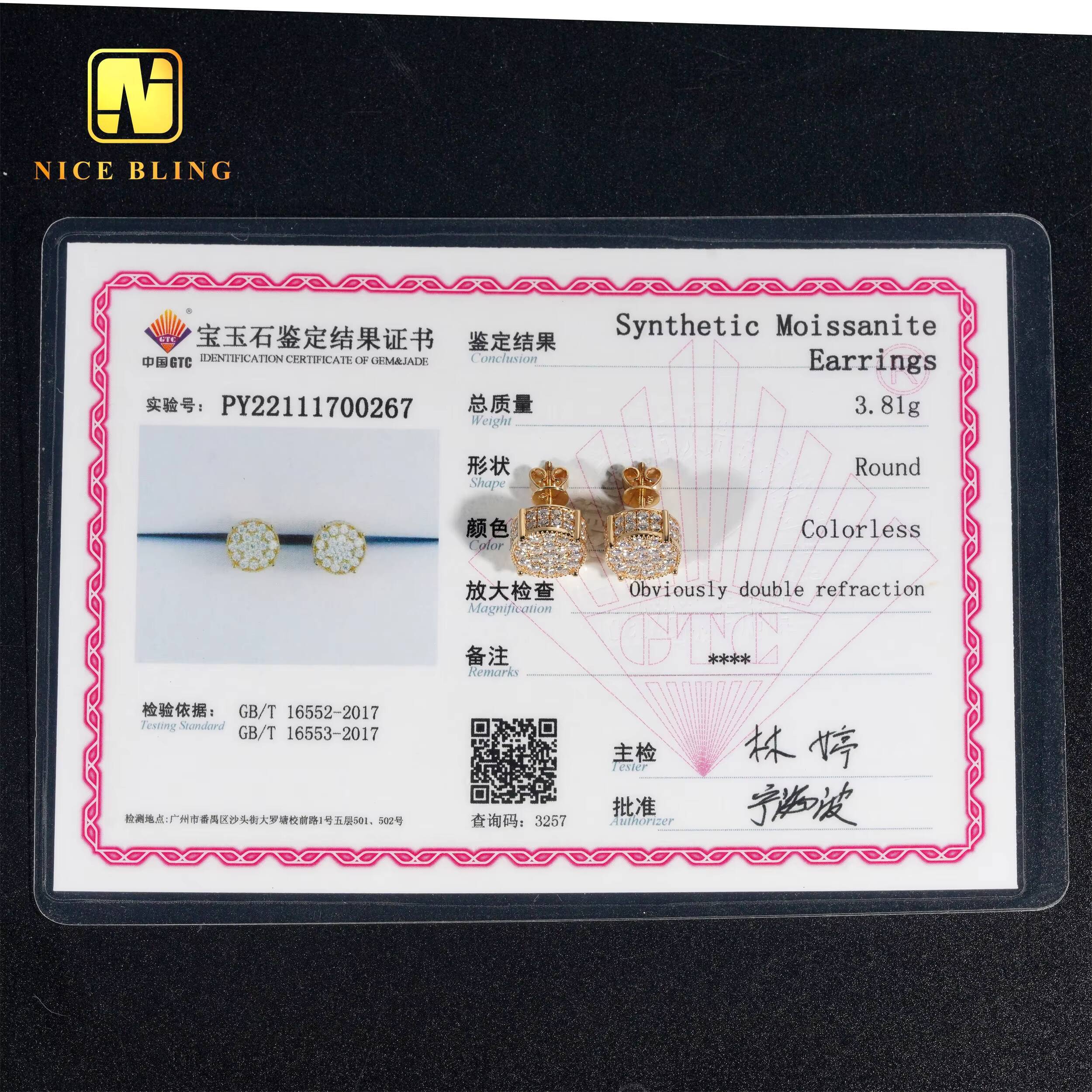 10K Solid Gold Moissanite Earrings Full Iced Out Lab Diamonds 10MM Luxury Men Women Ear Studs for Gift Wedding Engagement