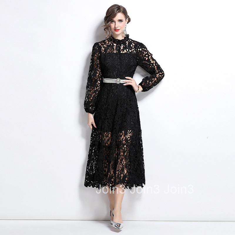 8561 Spring and Autumn New Womens Clothing Style Water soluble Lace Embroidery Hollow Hook Flower Waist Long Dress