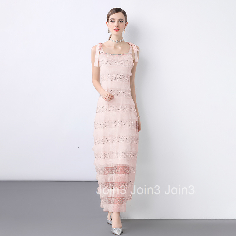 7183 French Style Mesh Cut Ruffle Beaded Sequin Tassel Strap Bowknot Dress Summer