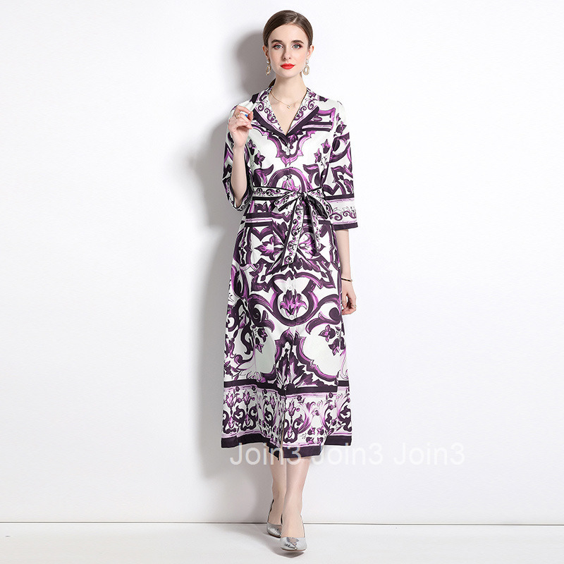 6068 Fashion Printed Loose Pocket Mid-Sleeve Blazer Collar Shirt Long Dress