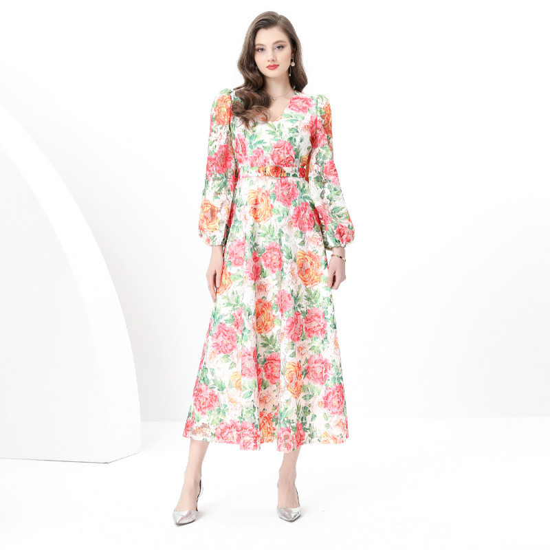 8878 Early Spring New Womens Fashion Elegant V-neck Lantern Sleeve Slim Long Dress Printed Dress