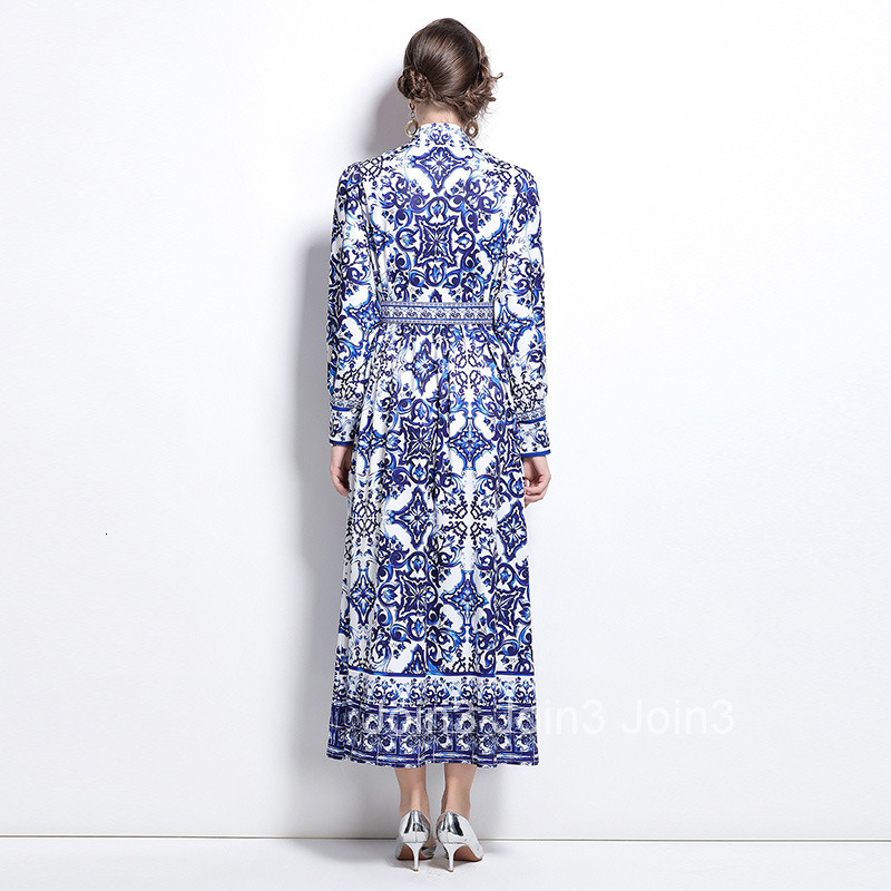 8773 Spring and Autumn new womens clothing style fashionable Elegance style standing collar long skirt printed dress