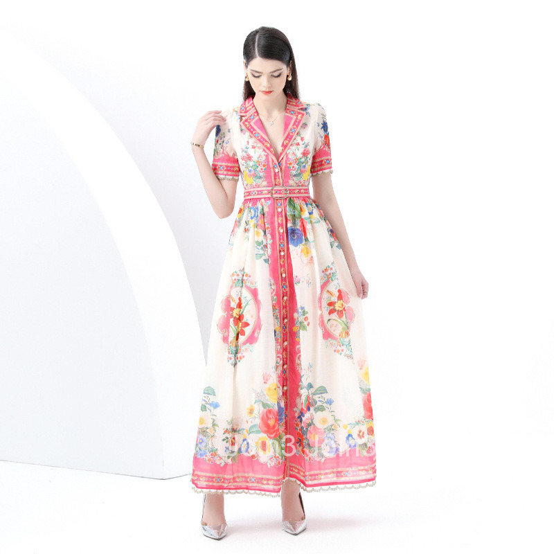 6055 Early Spring New Womens Vacation Style Blazer Collar Single-Breasted Printed Flared Long Dress