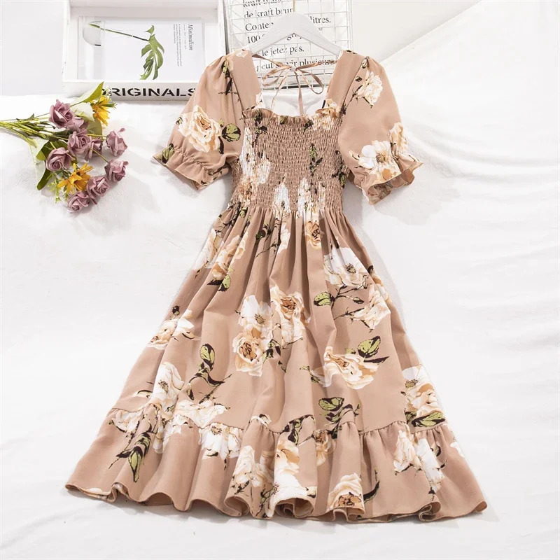 Spring Summer Chiffon Dresses Fashion Female Elastic Waist Short Sleeve Pleated Casual Dres Aline Vestidos 250717