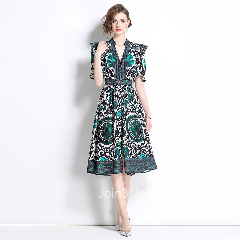 8751 Fashion Elegance Style Stand Collar Single-Breasted Printed Dress