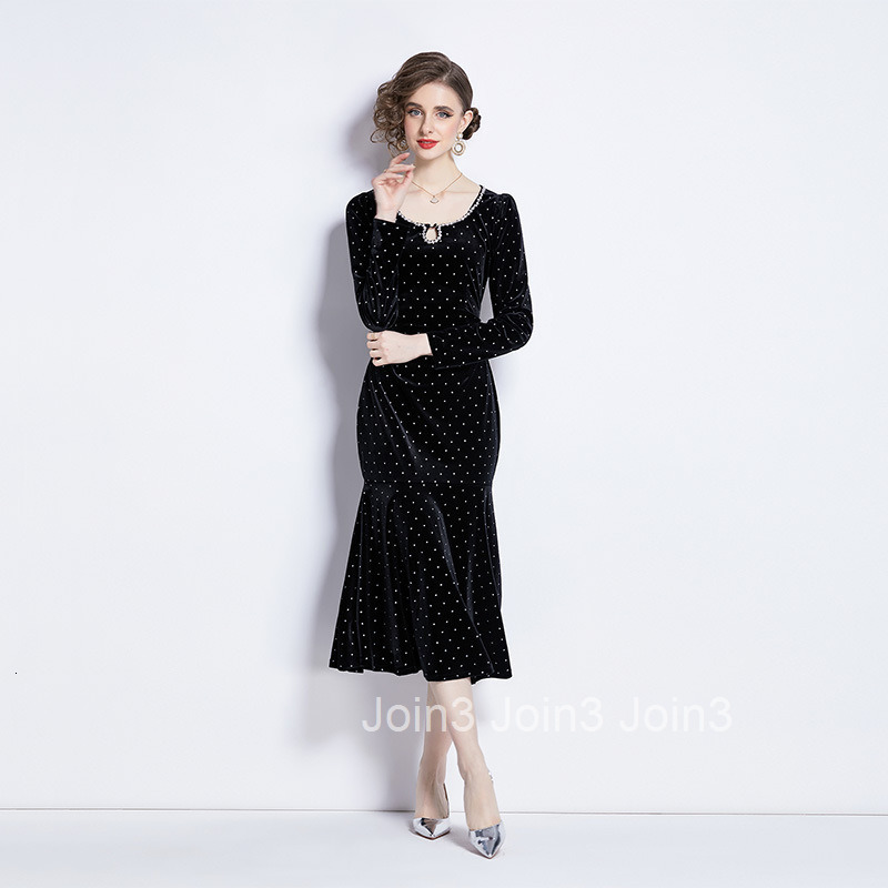 5588 Spring and Autumn New Womens Little Black Dress Elegant Slim Fit Long Sleeve Mermaid Velvet Long Dress
