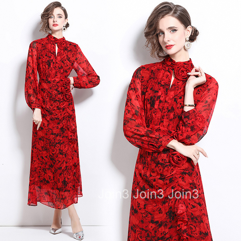 6015 Autumn New Womens Long Sleeve Printed Chiffon Dress Slim Waist Elegant Long Dress