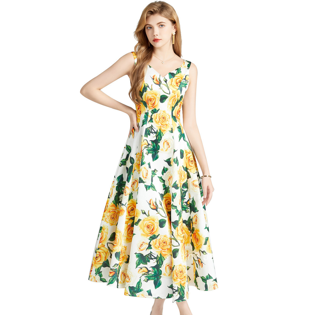 6832 Summer New Womens Fashion Elegant Printed V-neck Waist-cinching Slimming Sleeveless A-line Dress Flared Long Dress