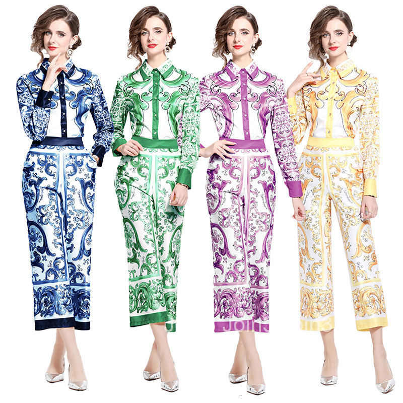 6079 Fashion Versatile Slimming Shirt with Loose Fit Printed Wide-Leg Pants Set