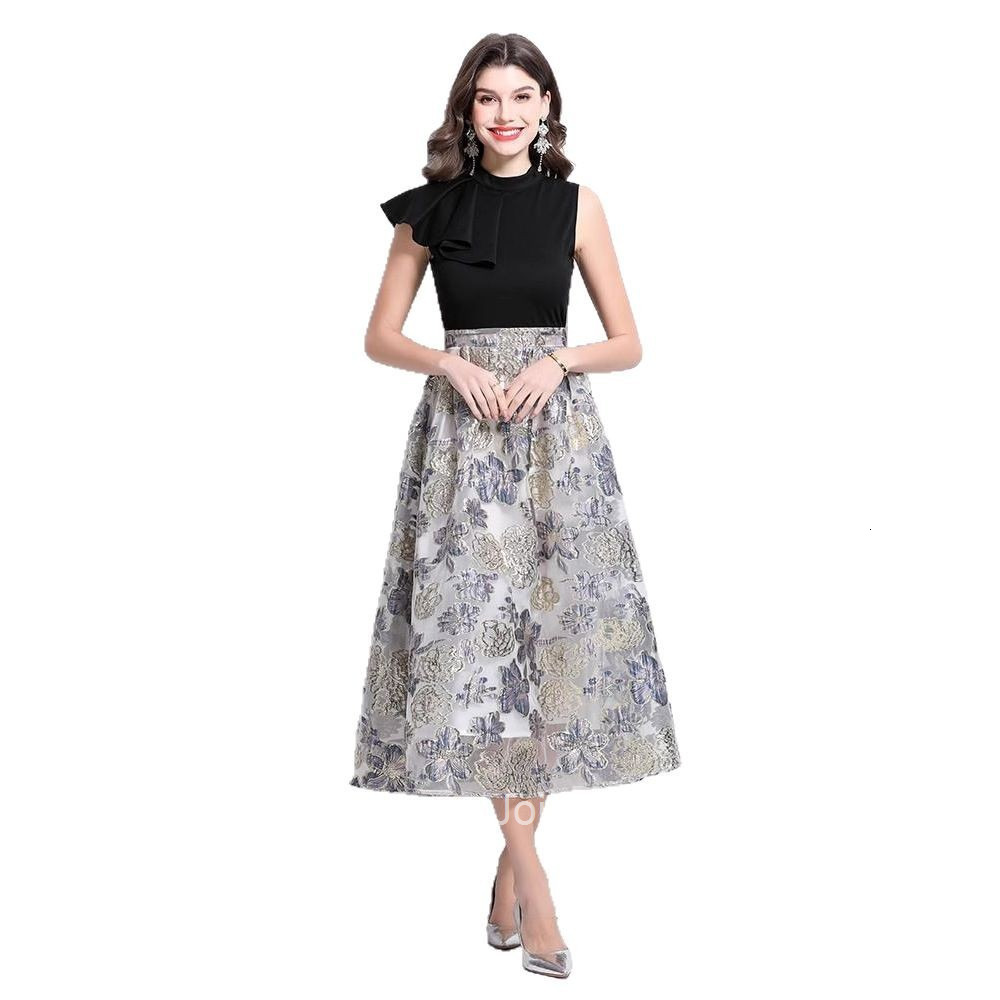 2653 Spring New Heavy Embroidered Jacquard Stand Collar Ruffle Dress Gown