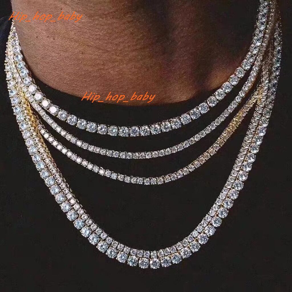 3mm 4mm 5mm Hiphop 18k Gold Iced Out Diamond Chain Necklace Silver CZ Moissanite Tennis Chain Necklace Bracelet for Men Women