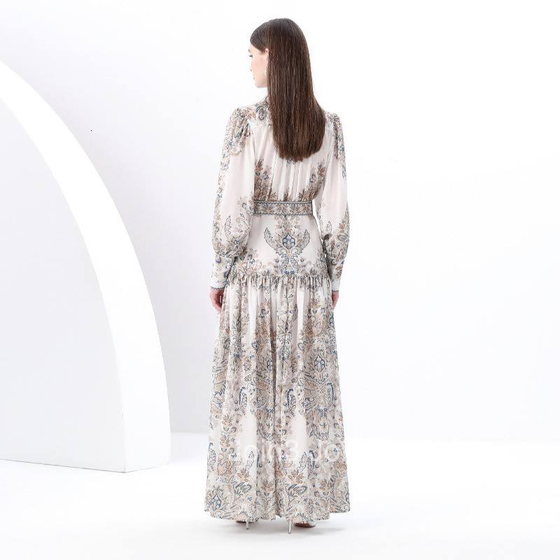 6165 Early Spring Breeze Stand Collar Lantern Sleeve Wave Edge Long Printed Dress