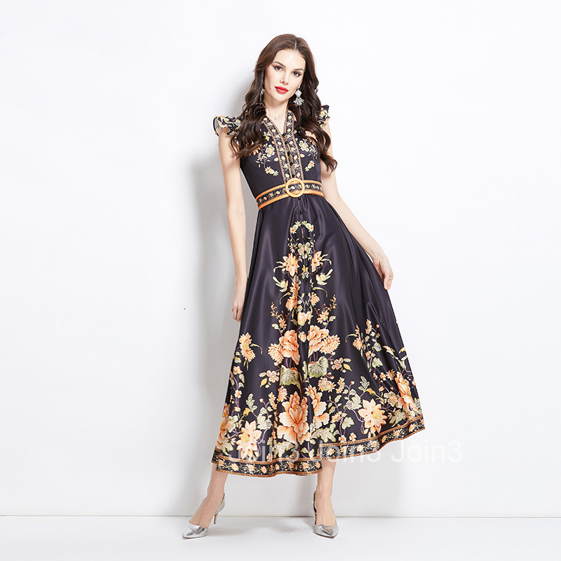 2657 Spring New Ethnic Style Elegant Printed Small Flutter Sleeve Flared Dress